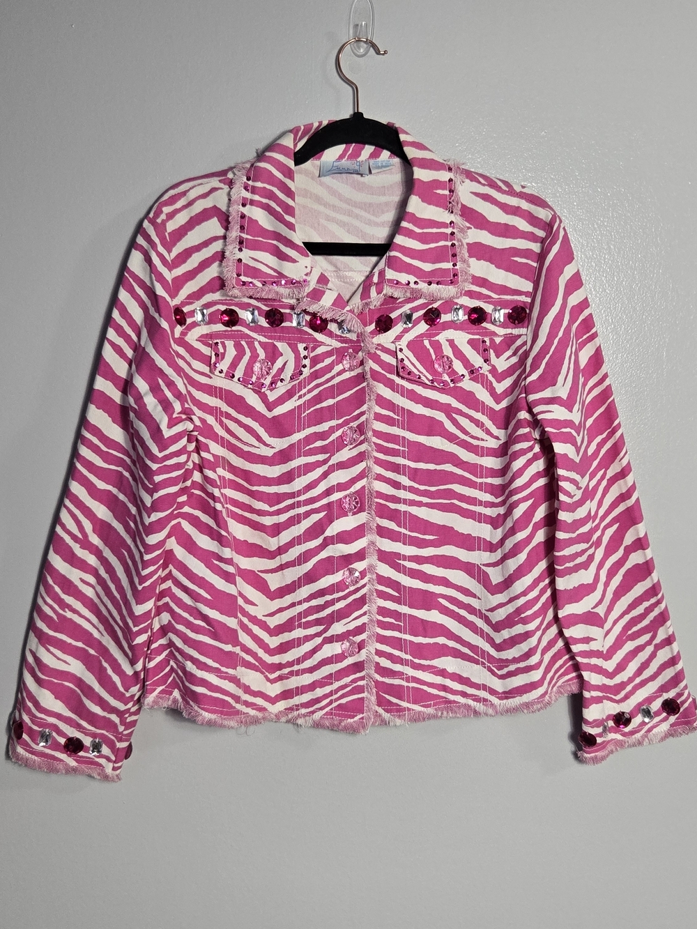 Emma G Vintage Pink White Zebra Cotton Frayed Gem Embellished Jacket Size Medium